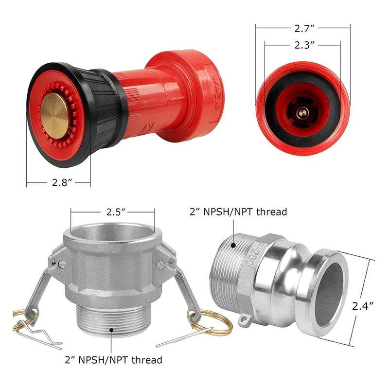 Fire Hose Nozzle,2In NPSH Heavyduty Industrial Fire Hose Constant Flow Fog Nozzle With 2Pc 2In Camlock Fitting Coupling