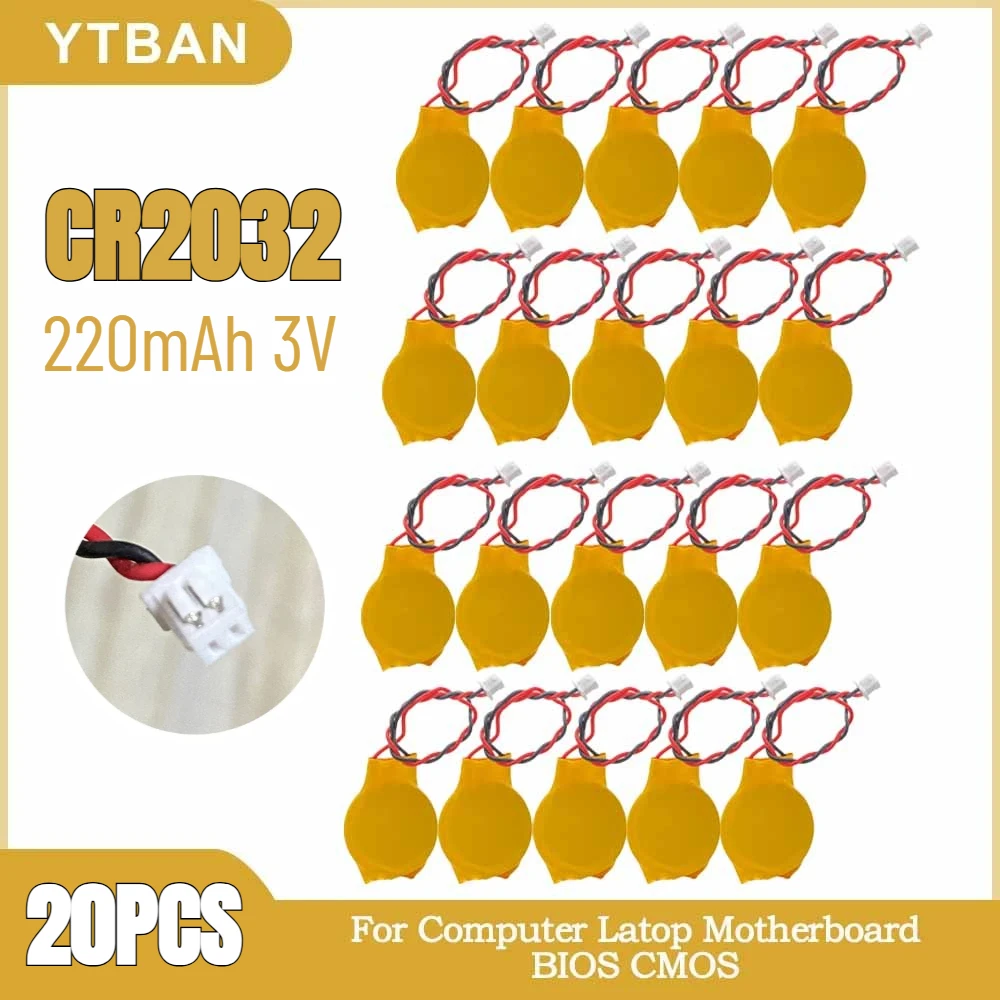20 قطعة CR2032 سلك البطارية 2 دبوس الكمبيوتر المحمول اللوحة BIOS CMOS بطارية مع سلك تفكيك البطارية للكاميرات الساعات