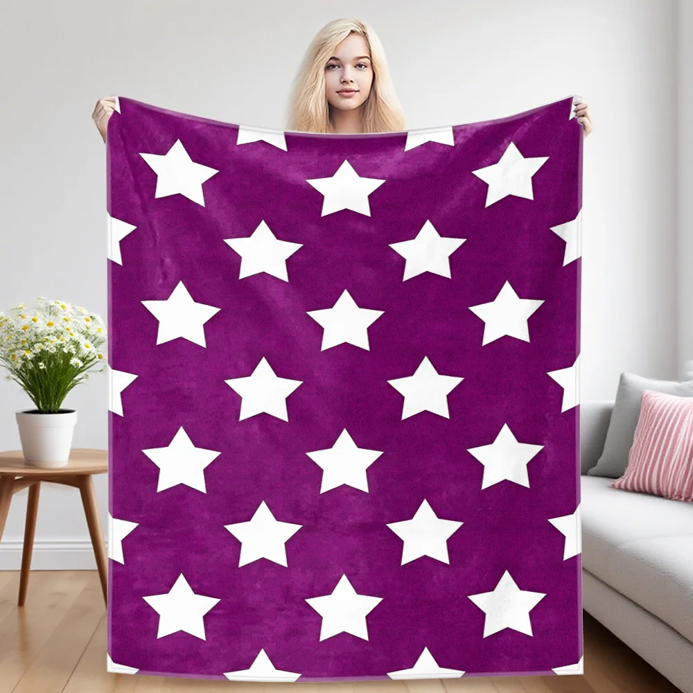 Purple White Classic Stars Flannel Blanket, Ultra-Fine Fiber, All Season Luxurious Fluffy Blanket Suitable For Beds Or Sofas