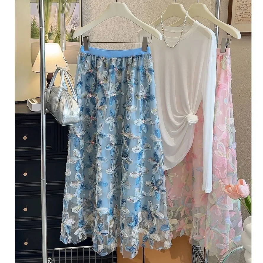 Heavy Embroidery Net Half Skirt High Waist A-Line Summer Women's Fashion Slimming 3D Flower Flared Skirts Chinese Production