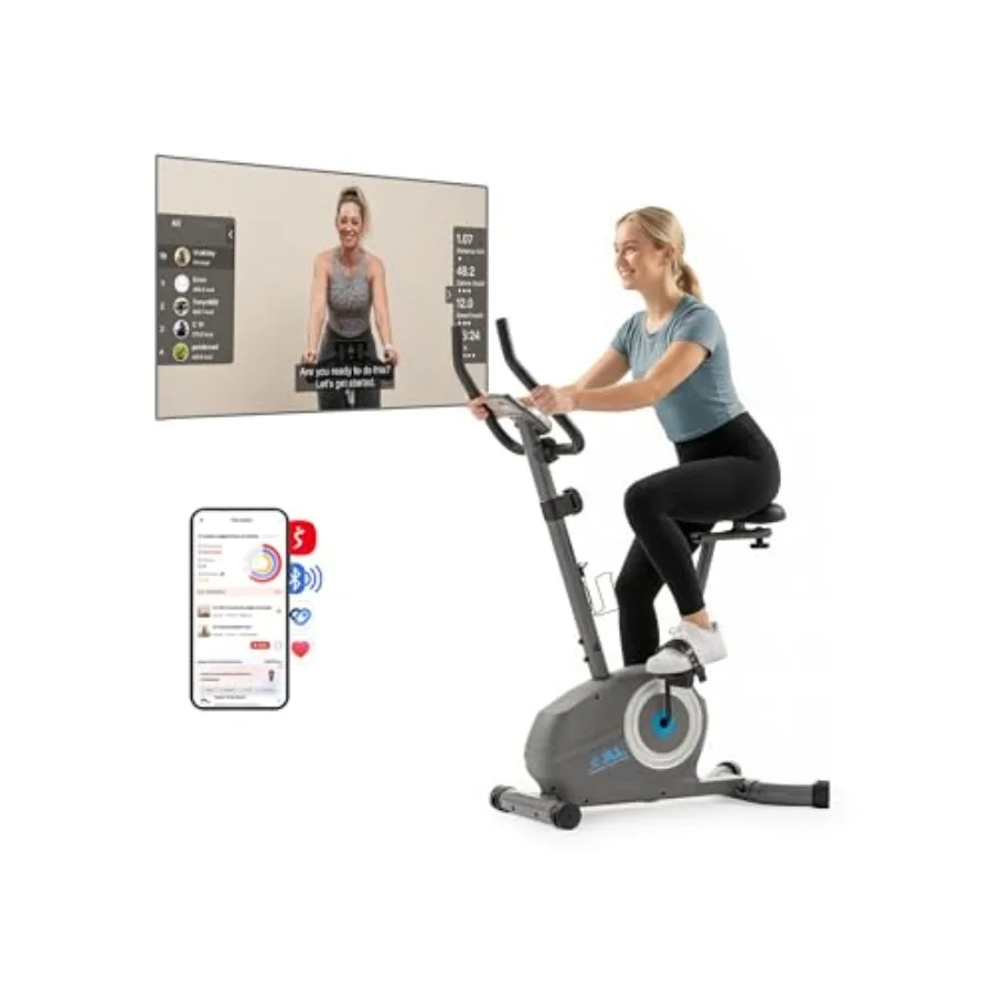 

Велотренажер для дома с Bluetooth и приложением SunnyFit, регулируемым сиденьем и рулем в 4 направлениях, маховиком 22 фунта, бесшумным ременным приводом