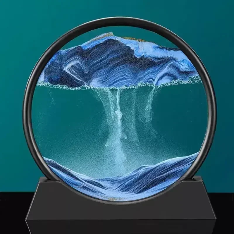 3D 7 Inch Moving Sand Art Picture Round Glass Deep Sea Sandscape Hourglass Quicksand Craft Flowing Sand Painting Home Decor Gift