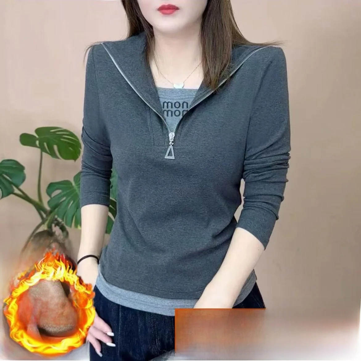 

Новая женская повседневная хлопковая футболка с длинным рукавом на молнии, однотонная, с V-образным вырезом, модная, для ранней осени