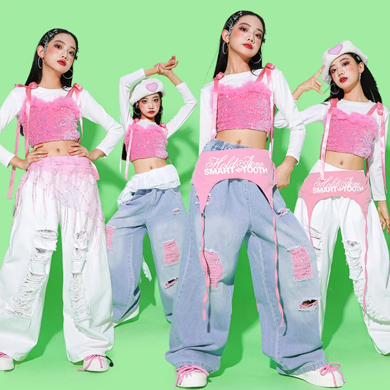 

Одежда для джазовых танцев 2025 года, розовый блестящий жилет, меховые брюки для девочек, групповой наряд Kpop, модная одежда для подиумов, AMY2750