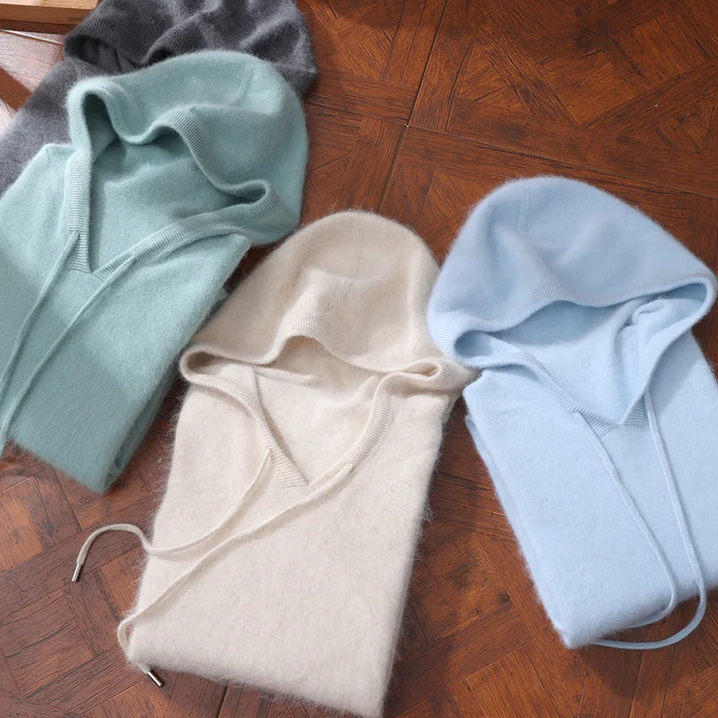 Men's hooded sweater autumn winter 100% mink cashmere sweater casual knitted pullover long-sleeved solid color loose knitted top