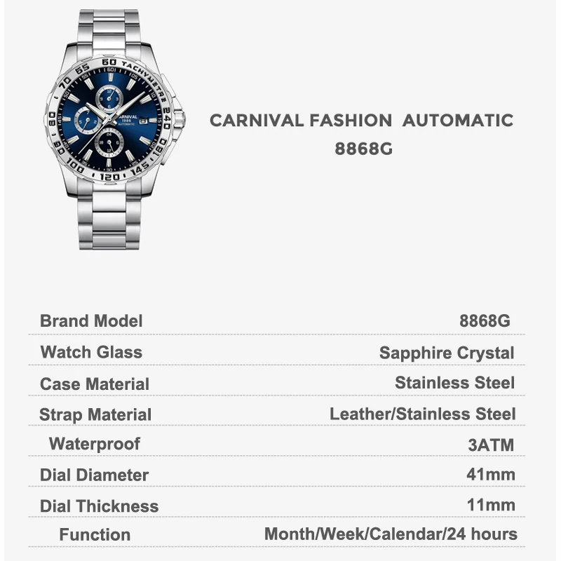 CARNIVAL Original Mens Watches Automatic Mechanical Watch Men Fashion Wristwatch Multifunction Dial Steel Shell Clock Reloj