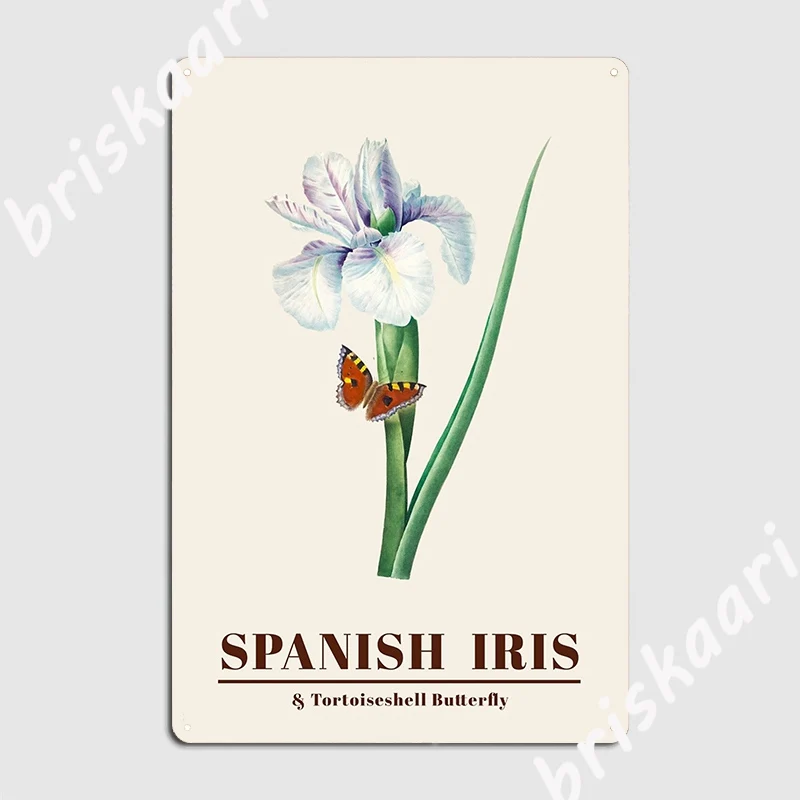 Spanish Iris And Tortoiseshell Butterfly Metal Sign Poster Decoration Pub Mural Tin Sign Poster