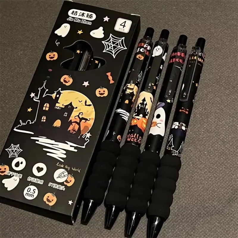 4Pcs Halloween Retractable Gel Pens Ghost Pumpkin Castle Pattern 0.5mm Black Ink Writing Pen Student School Stationery Gift