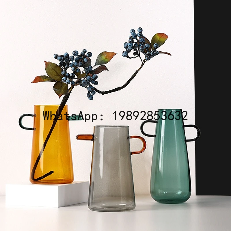 

Glass Flower Vase Handle Pitcher Colored Transparent Flower Pot Flower Arrangement Hydroponics Terrarium Vases Pots Flowerpot