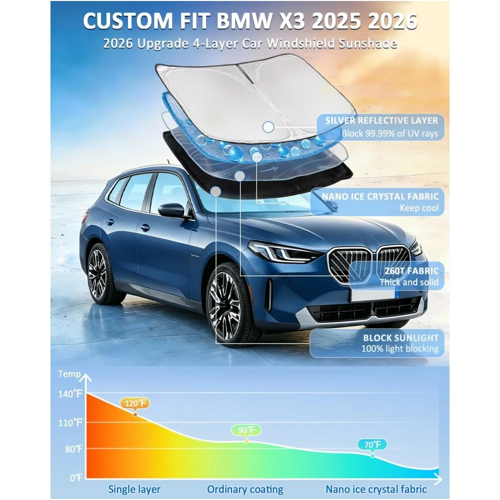 For BMW X3 2025 2026 Windshield Sun Shade Custom Fit X3 Base xDrive35i xDrive28i M Sport  Retractable Shade Blocks UV Rays