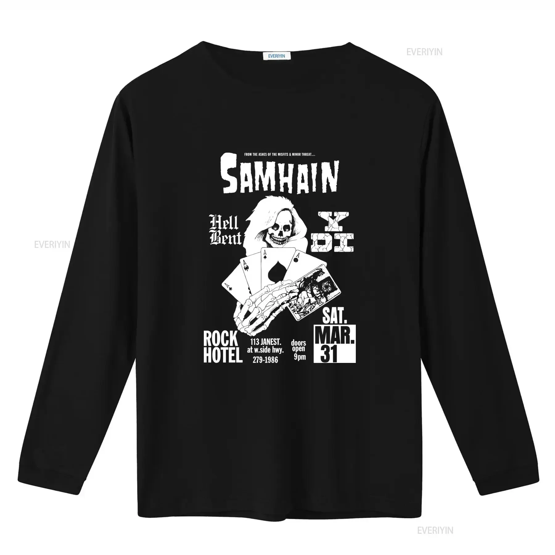 Samhain Rock Hotel Flyer Mens Black T Shirt Premium Cotton Danzig Misfits Skull Playing Cards Design vintage Washed Stretched