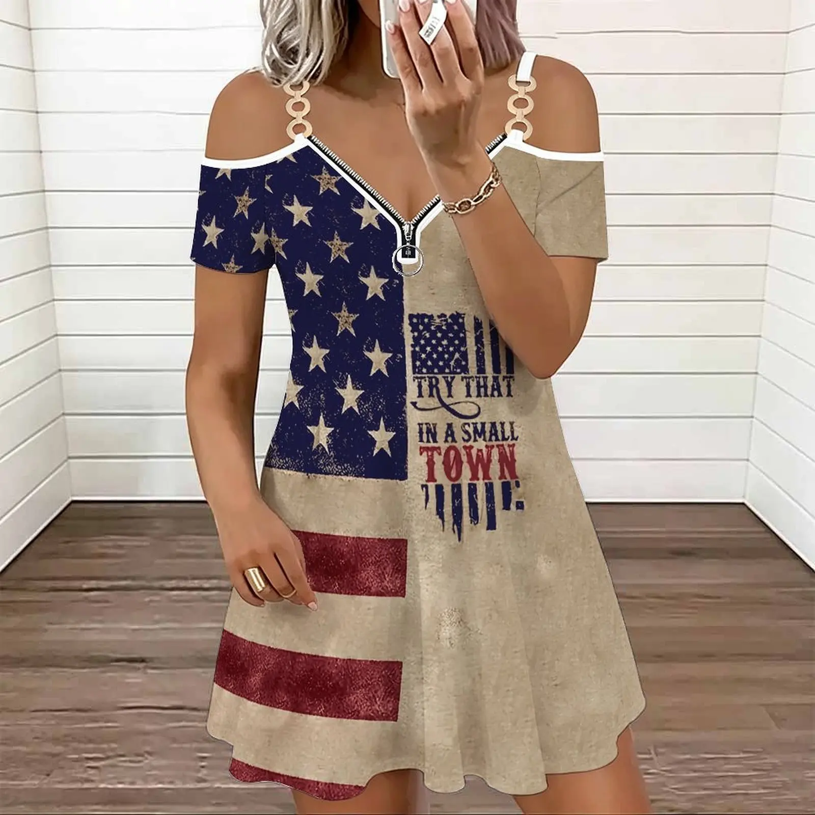 Summer Sexy Dress  Women's Commuting  Slim Skirt Ladies Round-neck Print Cold‑shoulder Double Strap V‑neck Zipper Dress