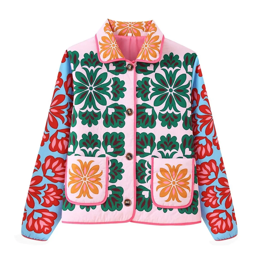 Herbst neue Damenbekleidung im europäischen und amerikanischen Stil, modisches Temperament, lässige Wärmepositionierung, bedruckte Baumwolljacke