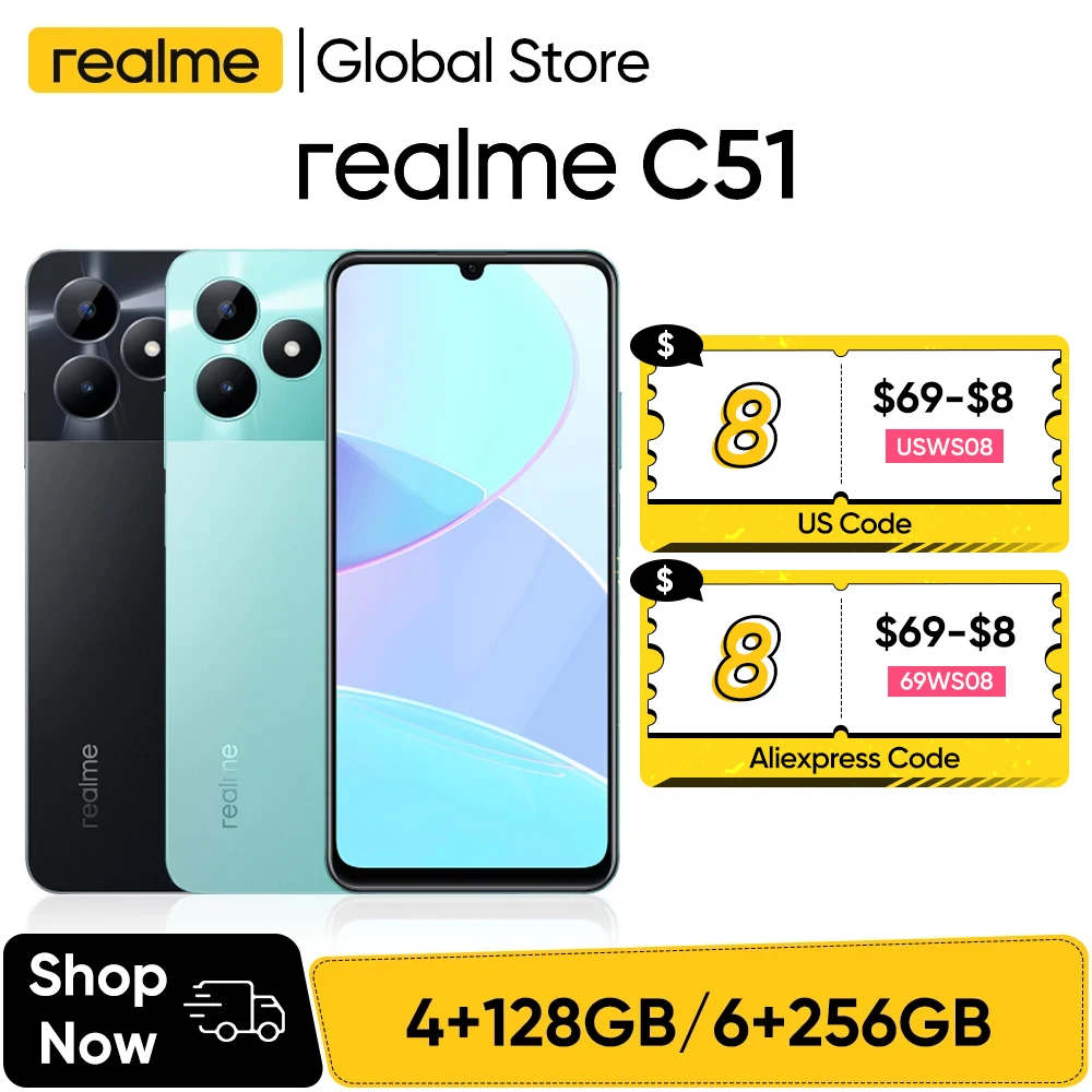 realme C51 6.74'' 90Hz Display 50MP AI Camera 33W SUPERVOOC Charge 5000mAh Battery 4GB+128GB Powerful Octa-core Smartphone