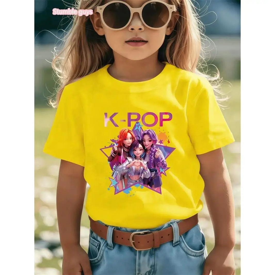 Mädchen-T-Shirt im Kpop-Stil, Sommer, lässig, Anime-Druck, kurzärmelig, Anime-Kleidung, bequem, weich, modische T-Shirts für Kinder