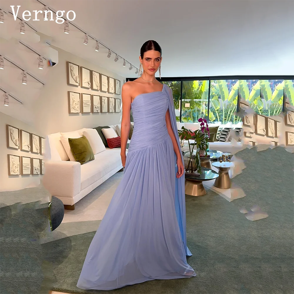 فستان سهرة شيفون أزرق من Verngo بكتف واحد على شكل حرف A مطوي مناسبة رسمية فستان عربي أنيق من الحرير فساتين حفلات مخصصة