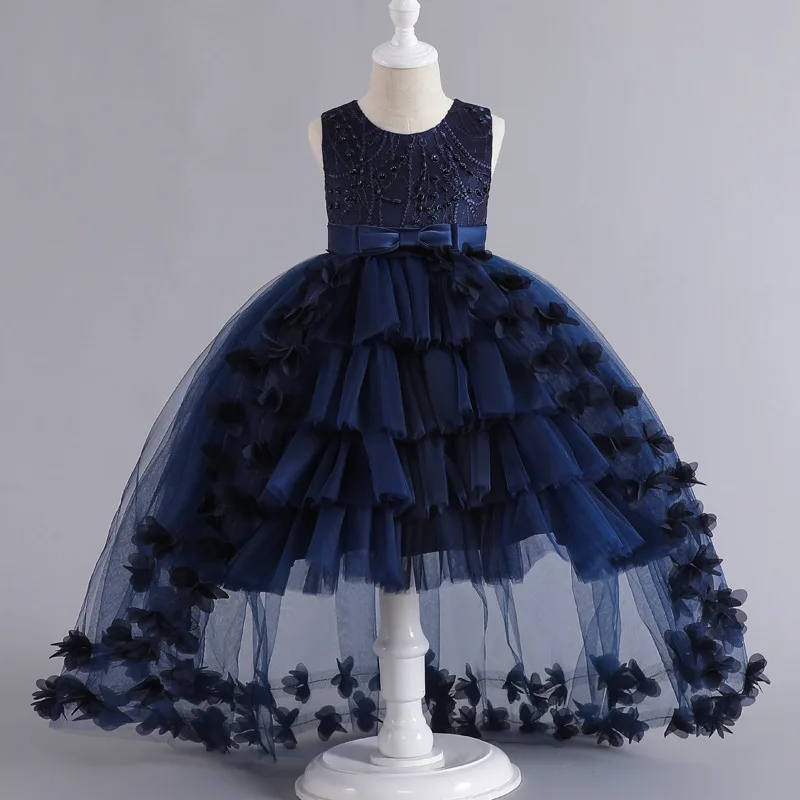 Vestido de cola para niñas, vestido de fiesta de princesa, vestido de boda elegante con flores, vestidos de cumpleaños con lazo grande para niñas y niños