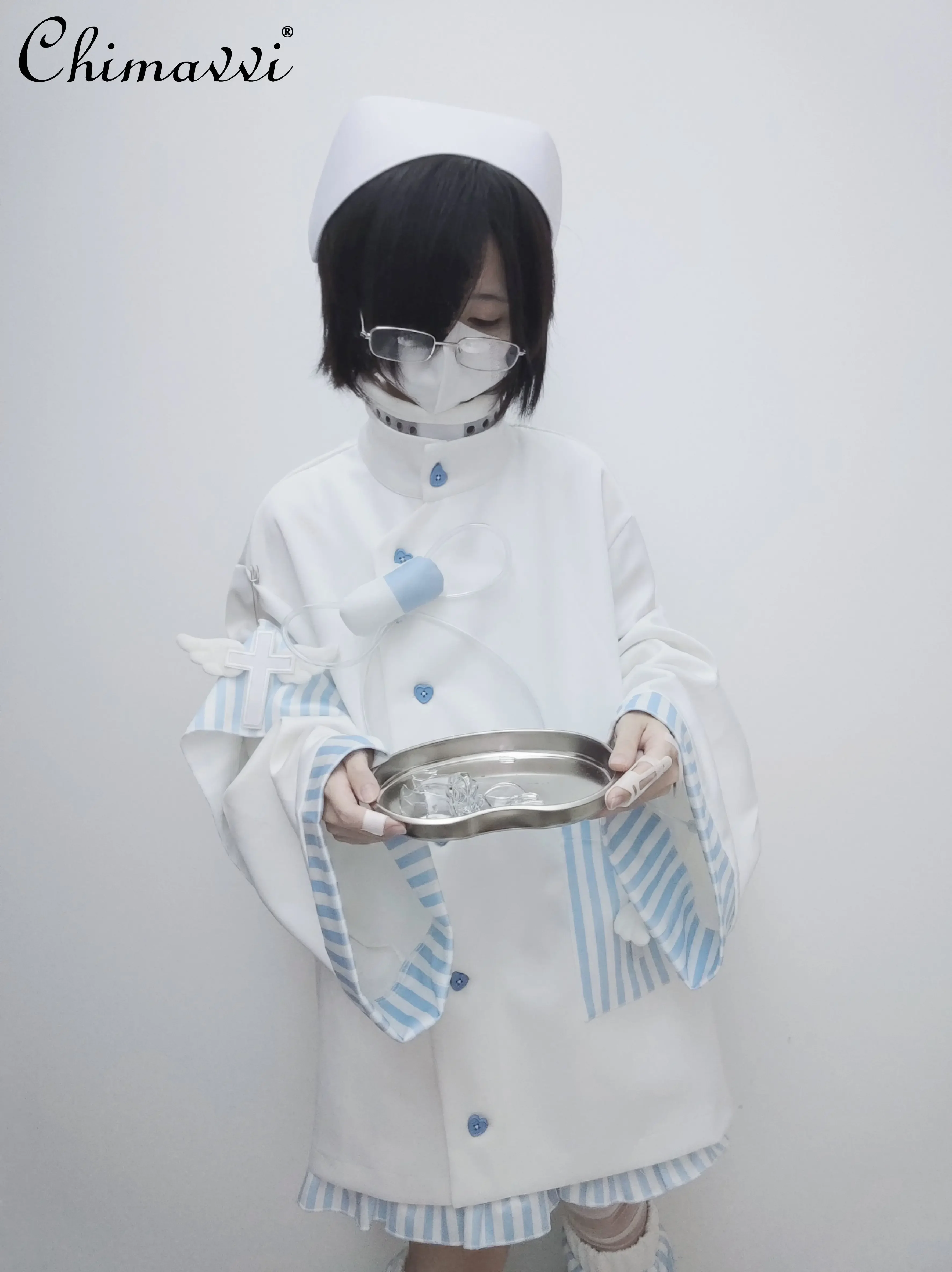 Original Mass-Produced Water Color Loose Coat Apron Girls Y2K Asian Culture Cute Medical Angel Wings Shorts Women's Set Outfits