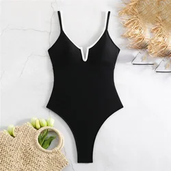 Sexy Black Backless Swimwear One Piece Swimsuit Woman 2025 High Cut Bathing Suit White Contrast Color Swim Suits Monokini Bather