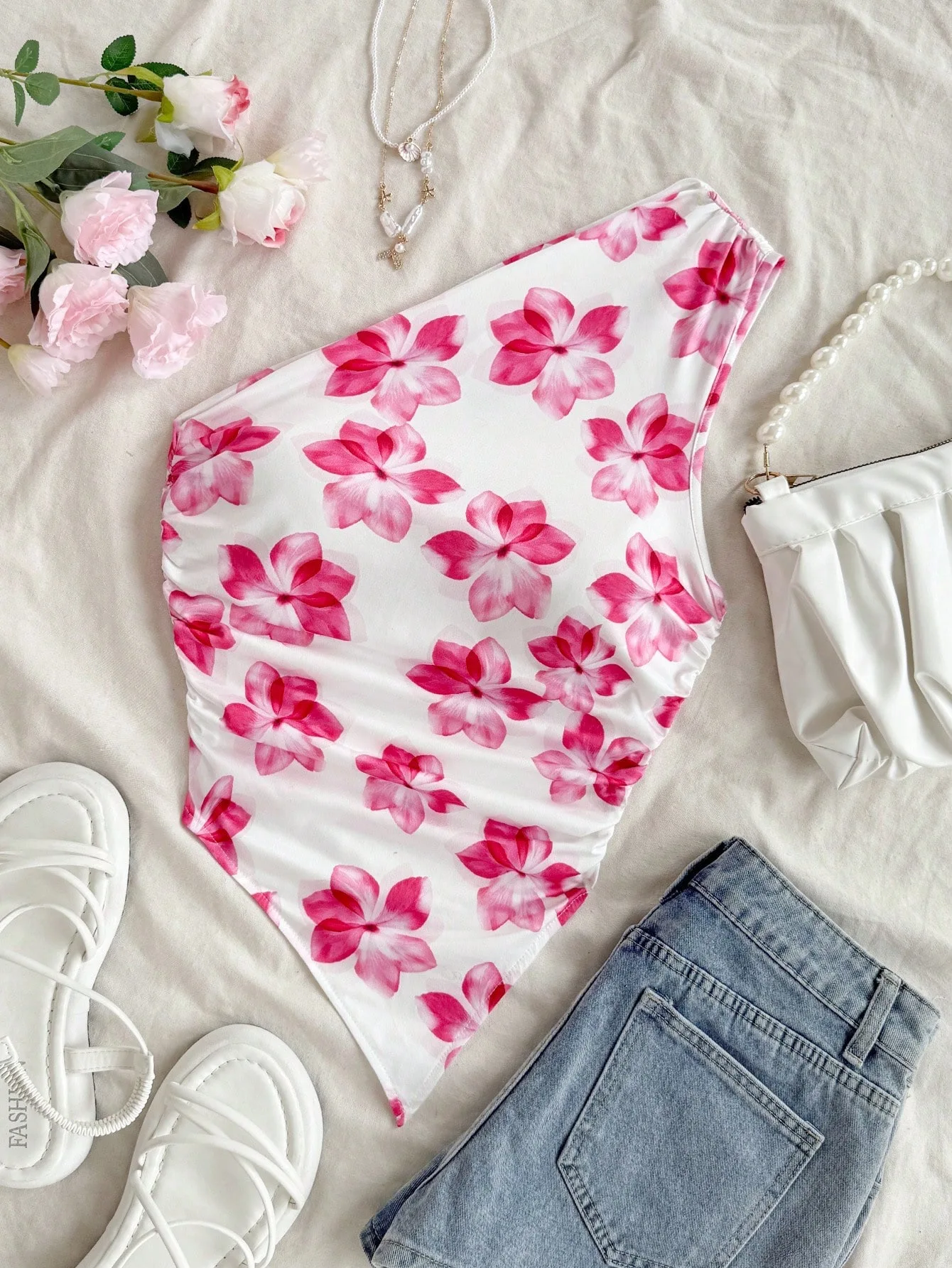 Elegant Tank Top Features Floral Print and Stylish One-Shoulder Design with Ruched Details. Light and Comfy, Perfect for Beach,