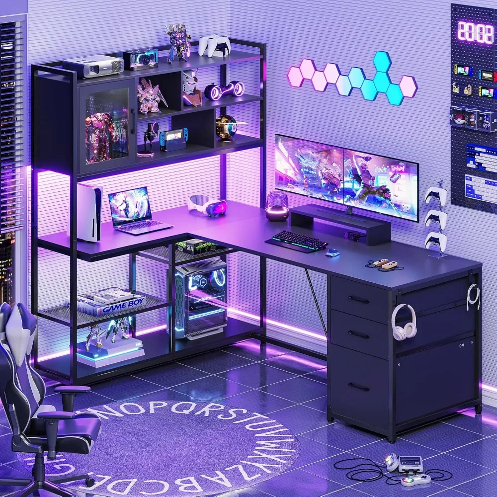 58'' Computer Desk with 3 Drawers, Bookshelf, Storage Shelves and LED Light, L Shaped Corner Gaming Desk