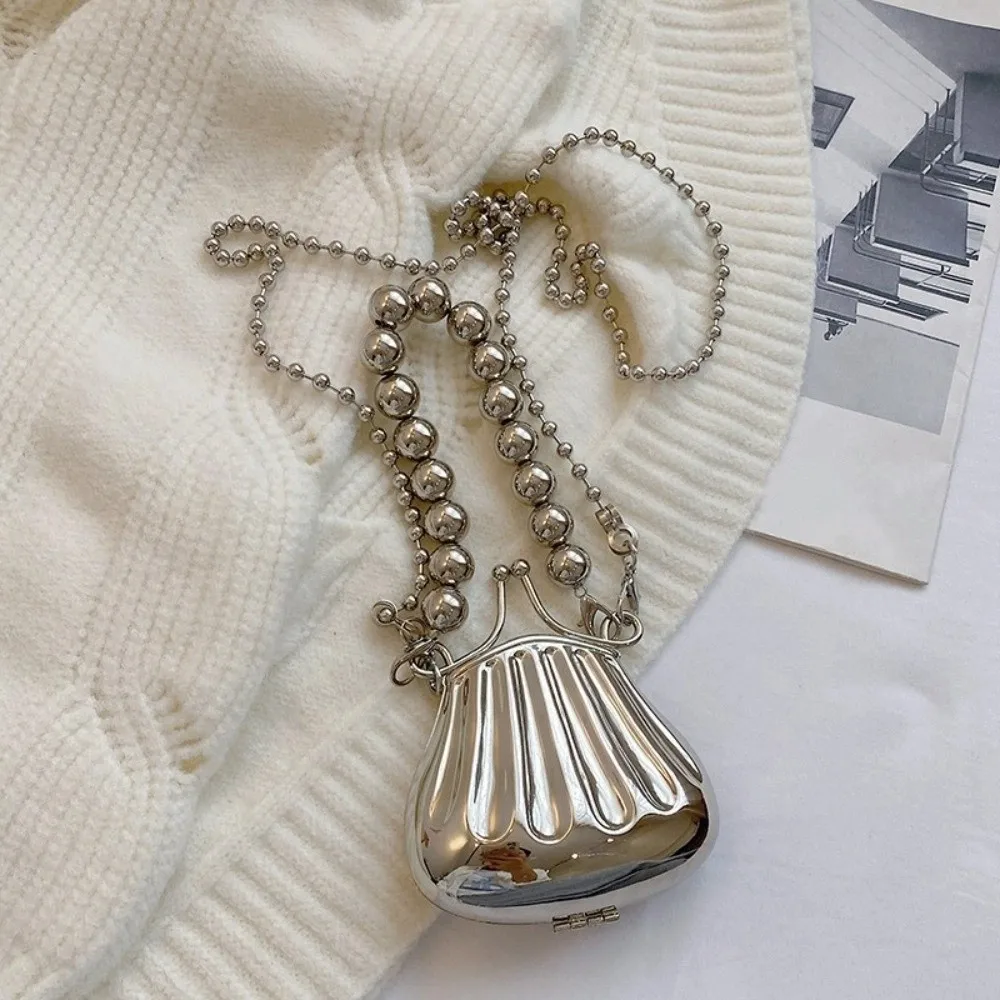 

Portable Korean Style Crossbody Shell Bag Pearl Chain Silver Evening Clutch Handbag Luxury Elegant Lipstick Storage Bag Gift