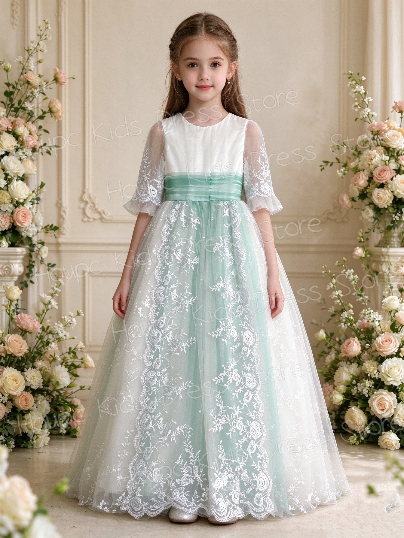 Custom Elegant Sheer Lace Embroidered Wedding  Children's First Communion Dress Girl's Birthday Party Evening Dress