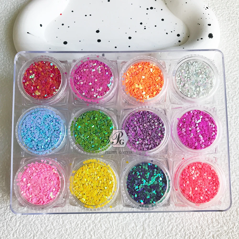 PrettyG 12 Color Set 1mm Love Hearts Opal Glitter Shape Nails Sequins Iridescent Glitter Supplies For DIY Nail Decoration