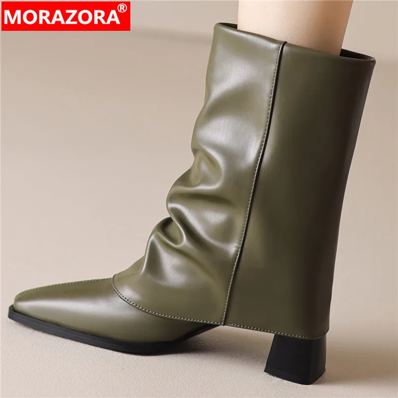 

MORAZORA 2024 New Ladies Square Toe Winter Boots Pleated Genuine Leather Women Mid Calf Boots Slip On Square High Heels Shoes