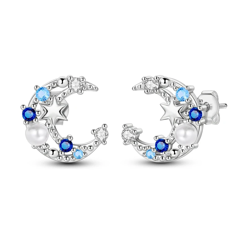 

925 Sterling Silver Blue Star Moon Stud Earrings For Anniversary Wedding Jewelry Gifts