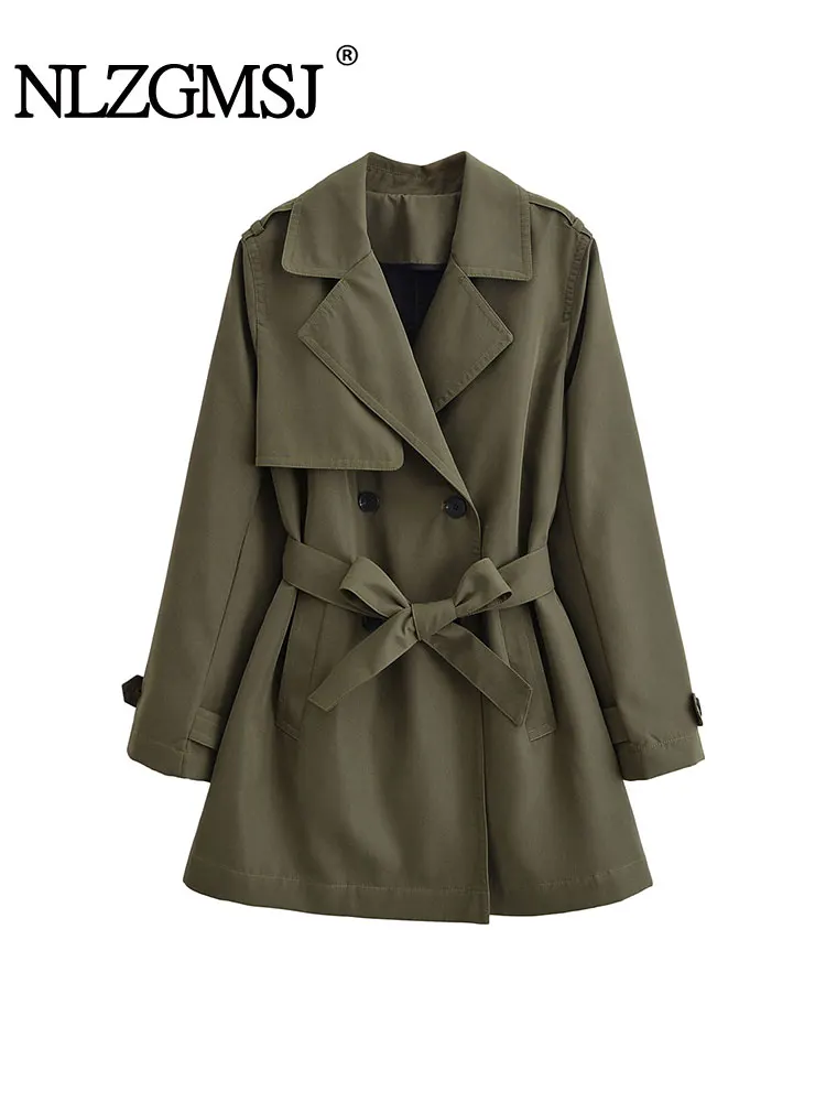 

NLZGMSJ Women 2025 Autumn Belt Long Trench Coat Stand Collar Double Breasted Full Sleeve Overcoat Lady Fashion Outwear