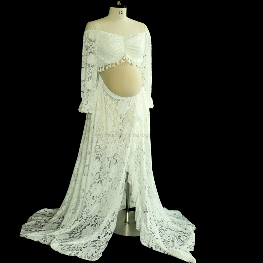 2 in 1 Boho Maternity Photography Outfit Dress Bohemian Pregnancy Photo Shoot Long Pregnant Tulle Woman Floral Lace Dresses