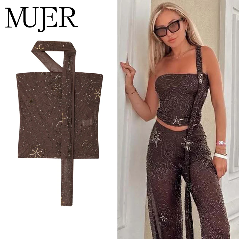 

MUJER 2025 Beads Crop Top Woman off Shoulder Tube Top Women Fashion Camisole Backless Tops for Women Summer Coquette Top Female