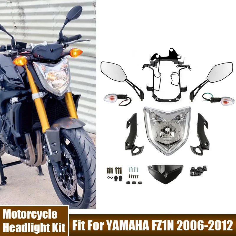 

Новая фара для мотоцикла в сборе, подходит для YAMAHA FZ1N 2006-2012, головной светильник для мотоцикла, зеркало заднего вида, указатель поворота, комплект кронштейнов