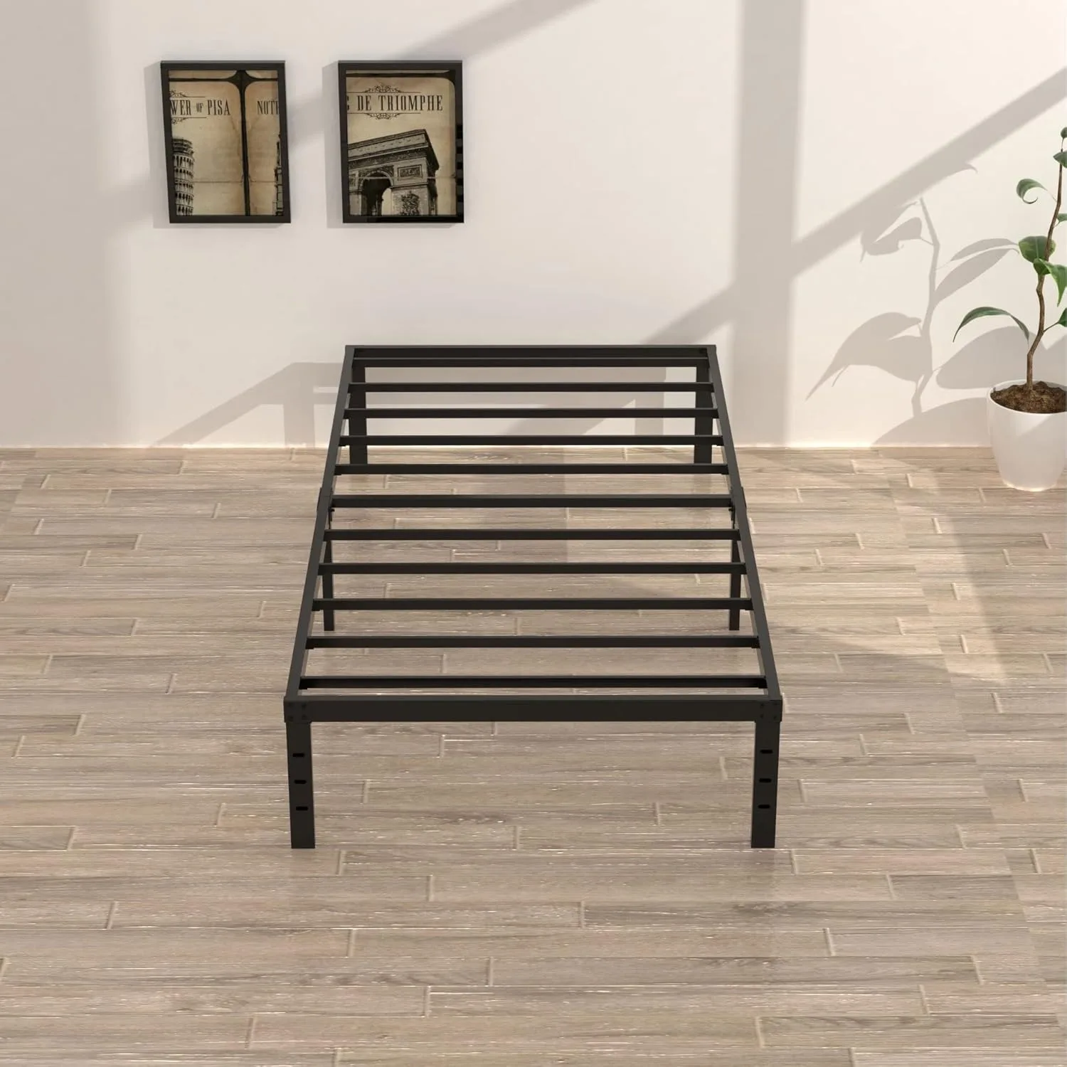 16 inch twin bed frame without box spring, metal platform, with 14 inch storage space, 2500 pound steel bar support, black image 2