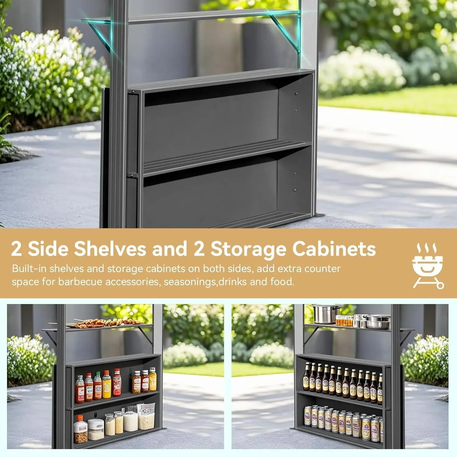 

8' x 6' Hardtop Grill Gazebo, Outdoor Metal BBQ Gazebo with Galvanized Steel Double Roof 2 Double-Layer Storage Cabinets 2 Side