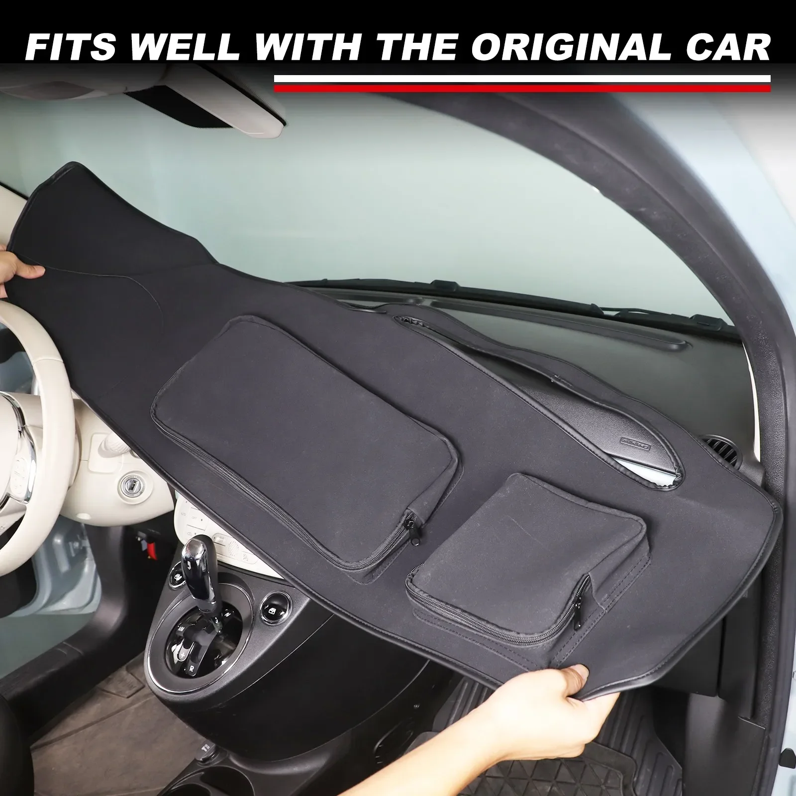 

Солнцезащитный коврик-органайзер 2-в-1 из ткани Оксфорд для приборной панели автомобиля с карманом для хранения для Fiat 500 Abarth 500 2016-2023