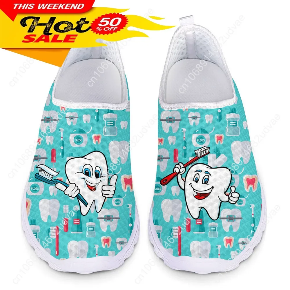 Cute Cartoon Tooth Print Women\'s Shoes Dentist Mesh Ladies Slip On Sneakers Casual Summer Loafers For Girls Zapatos