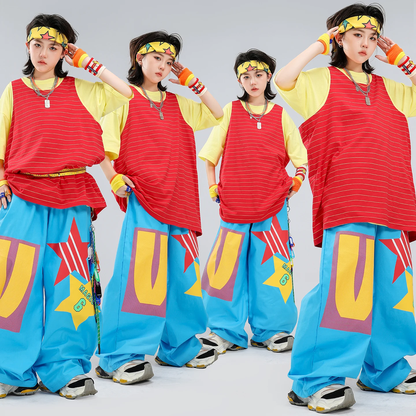 Kids Hip‑Hop Kpop Dance Costumes Outfit Yellow Inner Shirt Red Vest Blue Star Wide Leg Pants Boys Girls Stage Performance Wear