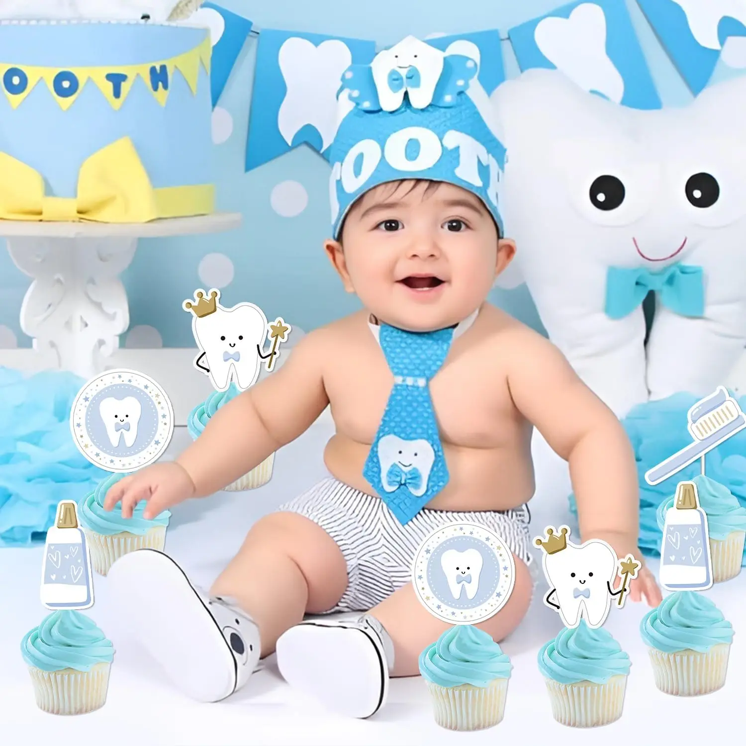 36Pcs Tooth Cupcake Toppers Blue First Tooth Cake Decorations Dental Themed Baby Shower Cupcake Toppers Dentist Decor for Boys