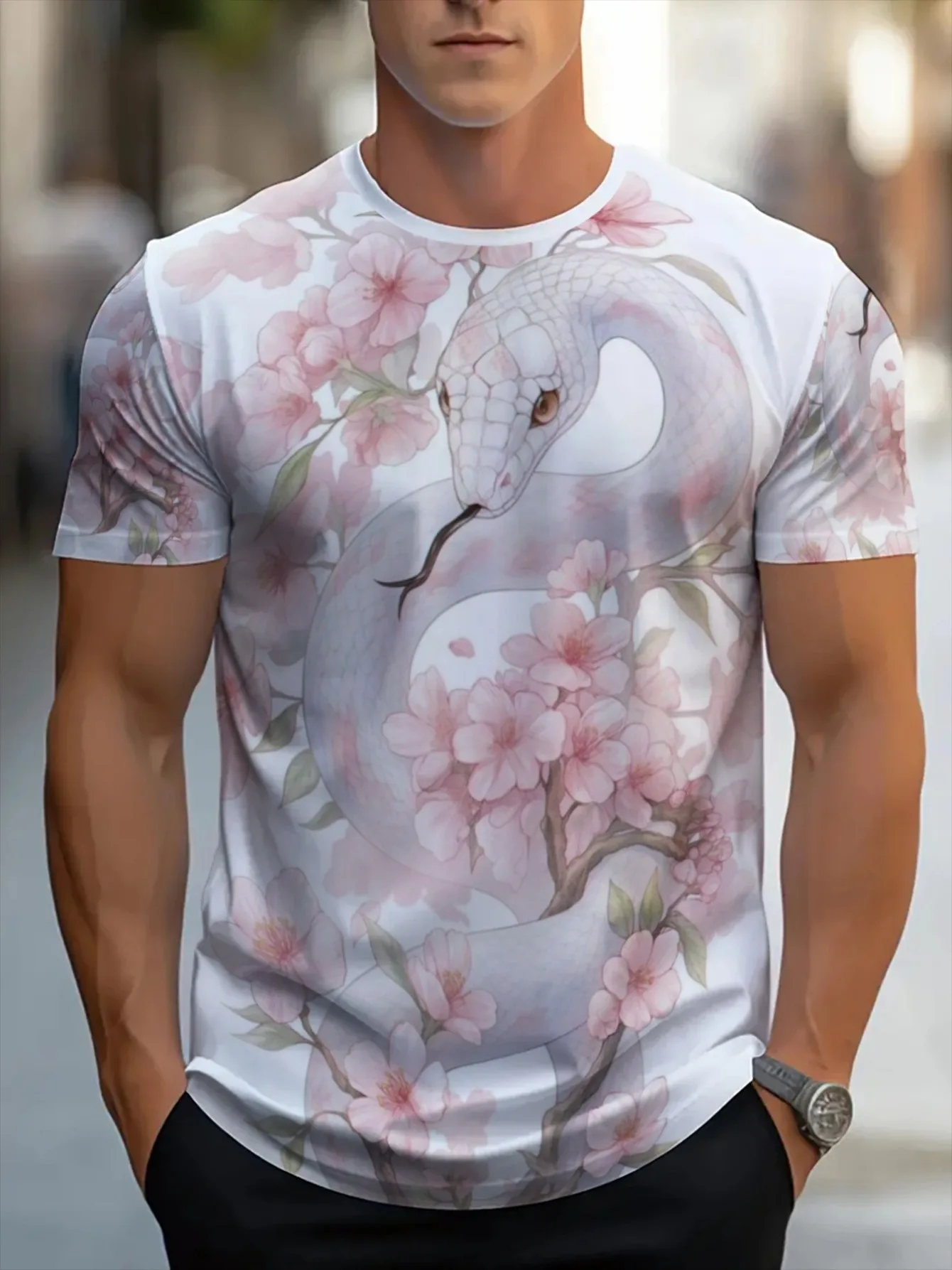 Men White Snake Cherry Blossom Watercolor Print T-shirt Crew Neck Short Sleeve Back Print Casual Streetwear Tee
