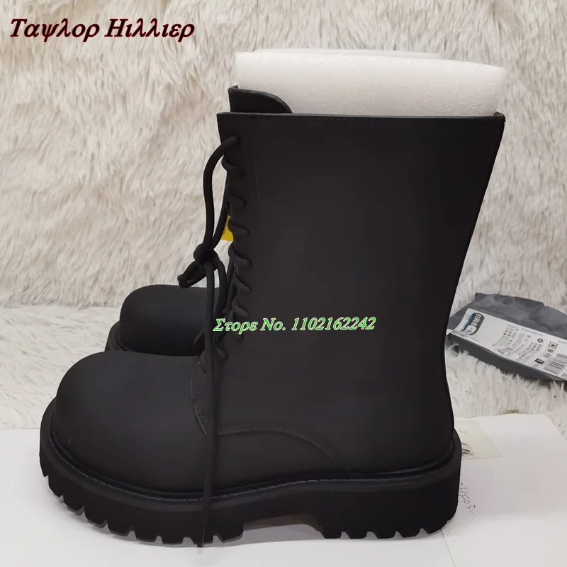 New Black Motorcycle Boots Genuine Leather Round Toe Thick Sole Strap Short Boots Catwalk Versatile And Comfortable Couple Boots