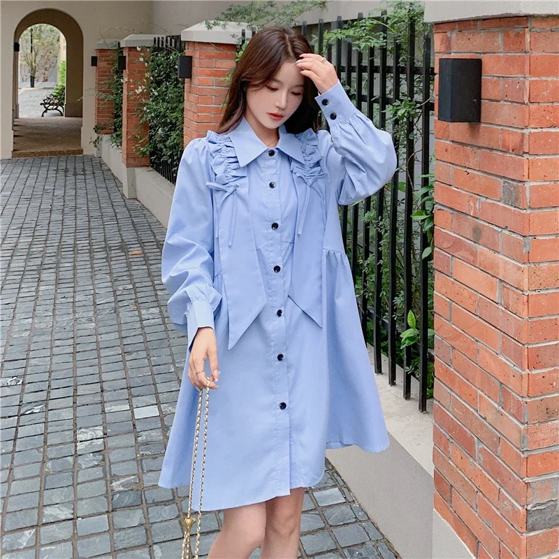 

Bowknot Pleated Loose Fitting Shirt Dress for Women Elegant Sweet Long Sleeve Lapel Korean Style Mid-long Blue Dresses L367