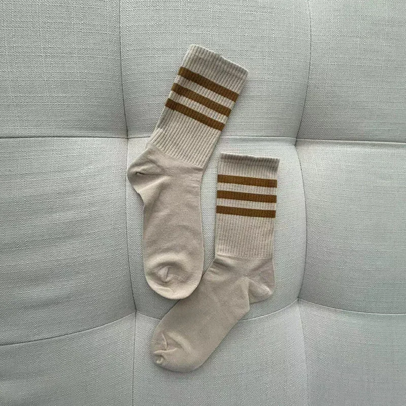 Classic Black And White Socks, Pure Cotton Couple Style, Three Bar Sports Socks, College Style