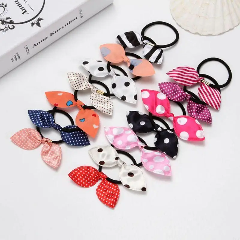 50le Girl Long Rabbit Ears Bowknot Elastic Rambut Rope Polka Dot Stripe Cloth Band Rubber Band Metal Buckle Kuncir Kuncir