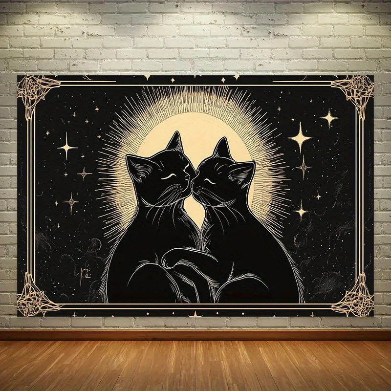 Aesthetic Cosmic Cat Tapestry Wall Hanging Boho Celestial Starry Night Pet Lovers Art Decor Print Galaxy Nursery Room Decoration