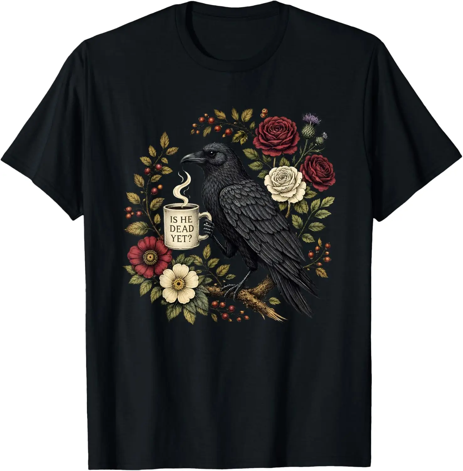 Is He Vintage Dead Yet Dark Crow Raven Bird Humor Halloween T-Shirt Breathable, heavyweight pure cotton short-sleeve top—stylish, plus-size, and suitable for year-round wear with a sporty, casual vibe