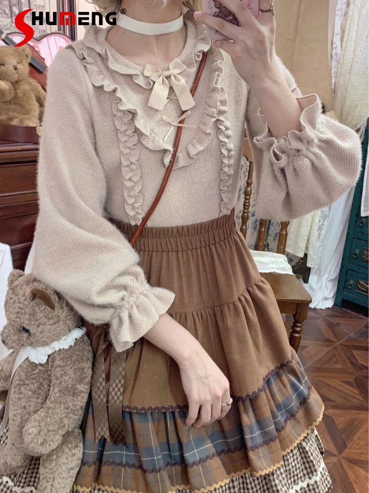 

Original Japanese Sweet Kawaii Lolita Inner Sweaters Round Neck Lantern Sleeve Bow Ruffles Versatile Knitted Pullover for Women