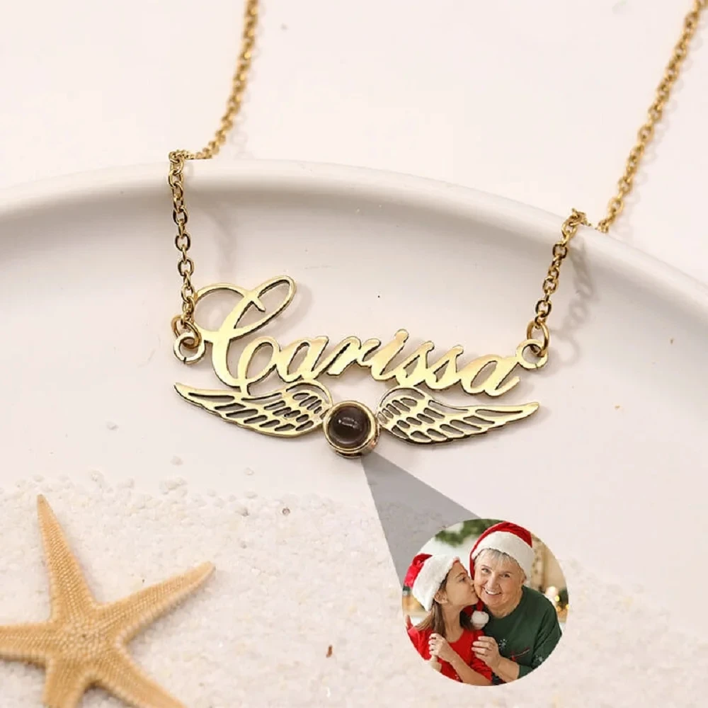 

Custom Photo Wings Projection Necklace Personalized Name Pendant Stainless Steel Jewelry Valentine's Day Gifts For Girls Couples