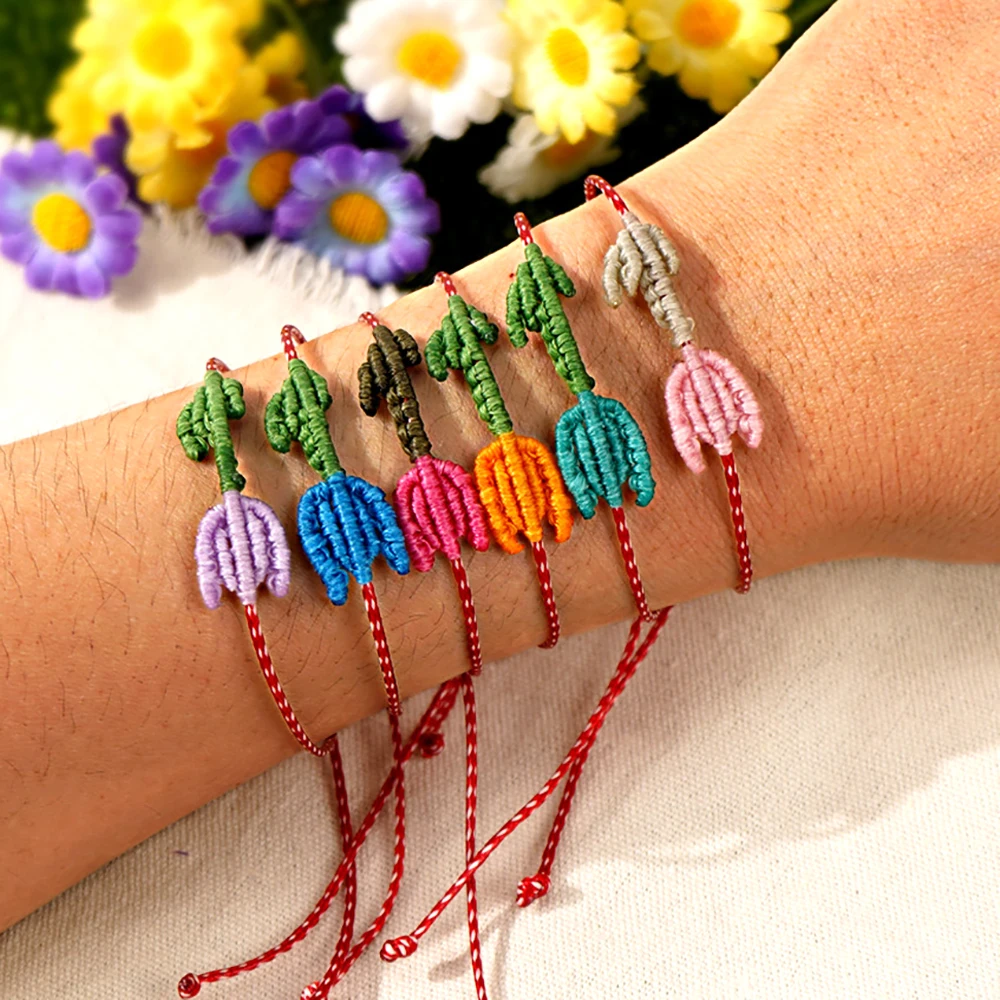 Handwork Hand Knitting Tulips Adjustable lucky Bracelet Braided small flower Women Bestie Charm Simple Friendship Gift wholesale
